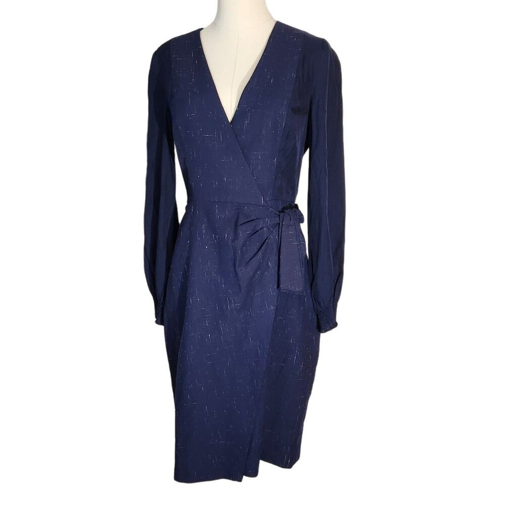 Rebecca Taylor Classic Cross Hatch Wool Blend Wrap Dress Navy Womens Size 6